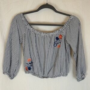Chloe & Katie Striped Floral Embroidered Off Shoulder‎ Crop Top S Cottage Y2K